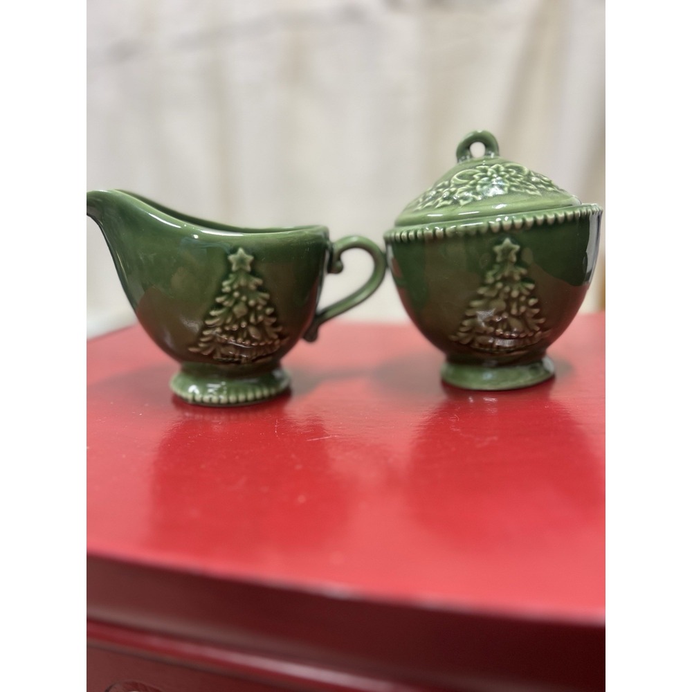 CRACKER BARREL Green Ceramic CHRISTMAS Set Creamer And Sugar Bowl With Lid